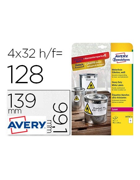 ETIQUETA ADH. AVERY L4774-8 99,1X139MM POLIESTER BL. 32UD.