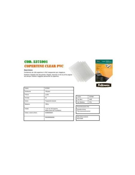 TAPA ENCUADERNACION FELLOWES DIN A4 PVC TRANSP. CRISTAL 180MC 100 UD.