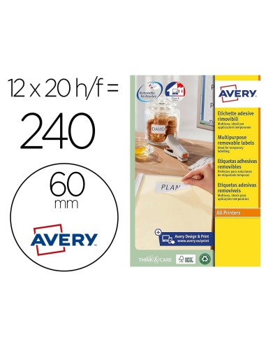 ETIQUETA ADH. AVERY BL.REDONDA REMOV.LASER TINTA 60MM