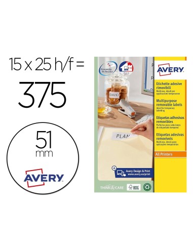ETIQUETA ADH. AVERY BL.REDONDA REMOV.LASER TINTA 51MM