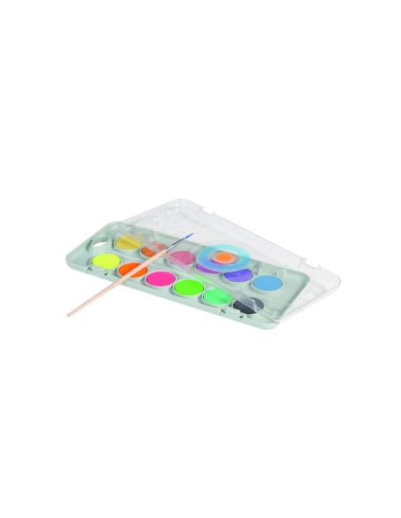 ACUARELA PRIMO 8 METAL + 4 NEON PINCEL PALETA MEZCLA ESTUCHE PLASTICO