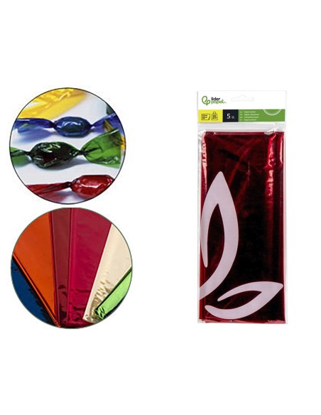 PAPEL CELOFAN LIDERPAPEL 50X70 CM 22G/M2 BOLSA DE 5 HOJAS ROJO