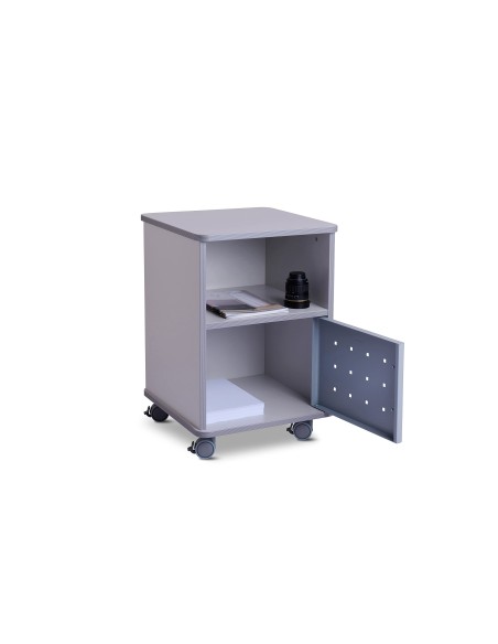 MESA AUX. ROCADA RD-4030 MELAMINA RUEDAS PUERTA MET.GRIS 50X50X70