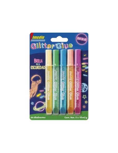 PEGAMENTO IMEDIO GLITTER BRILLA OSCURIDAD MANUALIDADES 10ML 5UD.SURT.