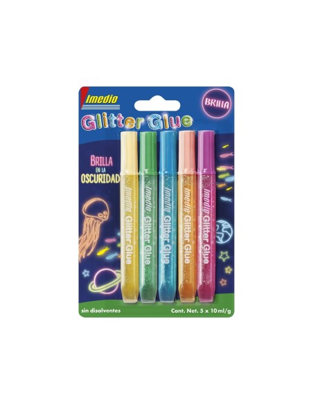 PEGAMENTO IMEDIO GLITTER BRILLA OSCURIDAD MANUALIDADES 10ML 5UD.SURT.