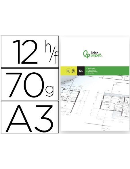 PAPEL DIBUJO LIDERPAPEL A3 297X420MM 70G/M2 VEGETAL SOBRE 12 HOJAS