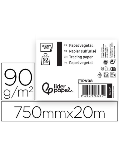 PAPEL DIBUJO LIDERPAPEL 750MMX20M 90G/M2 VEGETAL ROLLO