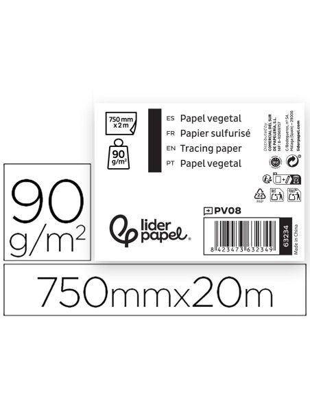 PAPEL DIBUJO LIDERPAPEL 750MMX20M 90G/M2 VEGETAL ROLLO
