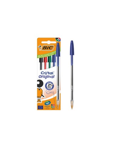 BOLIGRAFO BIC CRISTAL MEDIUM BOLSA 5U. SURT.2 AZ /1 NG./1 RJ /1 VE