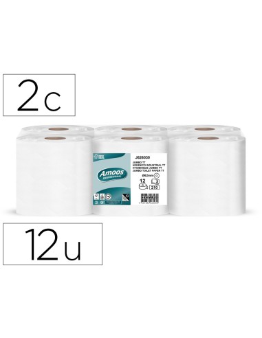 PAPEL HIGIENICO AMOOS JUMBO INDUSTRIAL 2 CAPAS 30G/M2 PAQUETE DE 12U