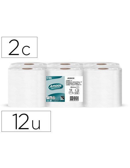 PAPEL HIGIENICO AMOOS JUMBO INDUSTRIAL 2 CAPAS 30G/M2 PAQUETE DE 12U