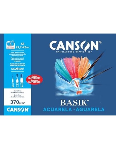 PAPEL ACUARELA BASIK CANSON DIN A3 370 GR PACK 6 H.