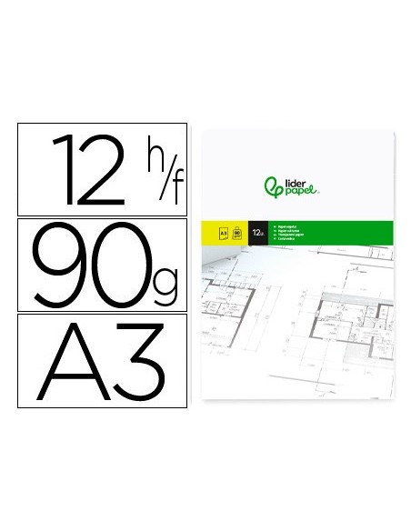 PAPEL DIBUJO LIDERPAPEL A3 297X420MM 90G/M2 VEGETAL SOBRE 12 HOJAS