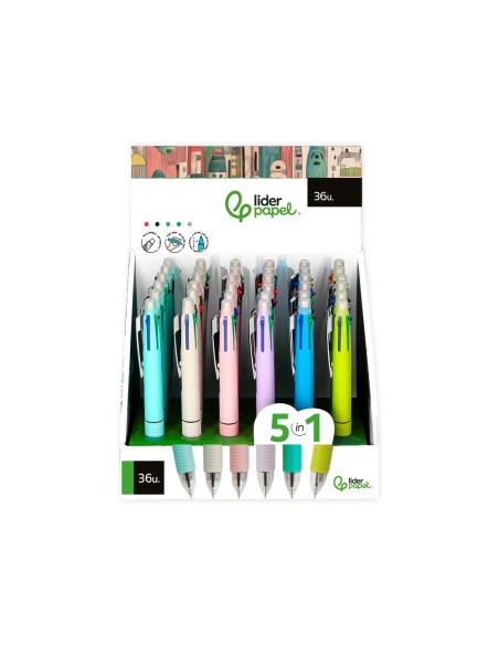 BOLIGRAFO LIDERPAPEL 5 EN 1 AZ. NG. ROJO VERDE 0,7M PORTAMINAS 0,5MM