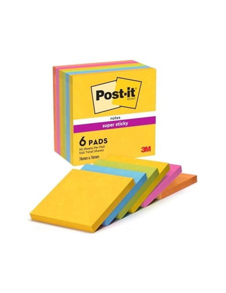 BLOC NOTAS ADH.POST-IT SUPER STICKY 76X76MM 6UD 90H. COL.SURT.