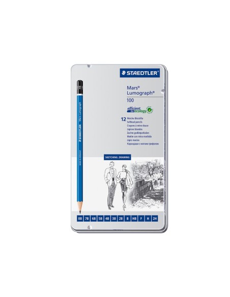 LAPICES GRAFITO STRAEDTLER MARS LUMOGRAPH 100 CAJA MET. 12 LAPICES