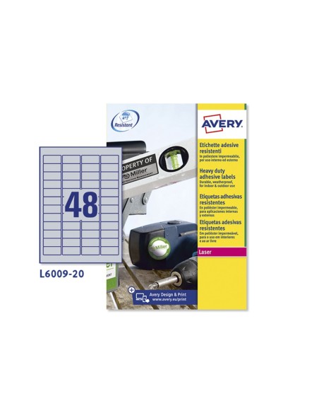 ETIQUETA ADH. AVERY L6009-20 45,7 X 21,2MM POLIESTER PLATA 960UD.