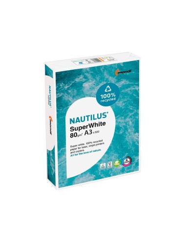 PAQ. PAPEL NAUTILUS SUPERWHITE 100% RECICLADO A3 80GR 500 H.