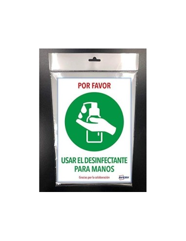 SEÑAL ADH. AVERY USAR DESINFE MANOS A4 RESISTENT RAYOS UV PK.DE 2 UD.
