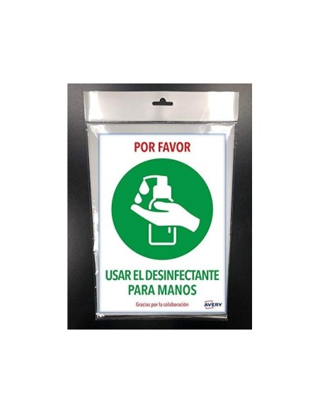 SEÑAL ADH. AVERY USAR DESINFE MANOS A4 RESISTENT RAYOS UV PK.DE 2 UD.
