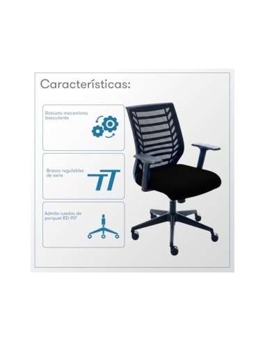 SILLA ROCADA GIRAT BRAZOS RESPALDO MALLA NEGRA/TAPIZADO NEGRA