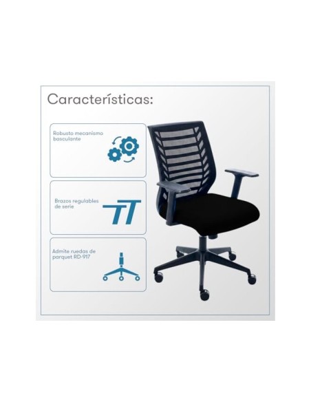 SILLA ROCADA GIRAT BRAZOS RESPALDO MALLA NEGRA/TAPIZADO NEGRA