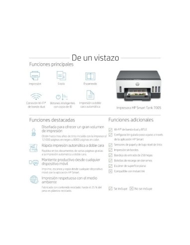 HP SMART TANK 7005 CARTUCHO A4 WIFI 20PPM NG.16PPM ESCANER COPIA FAX