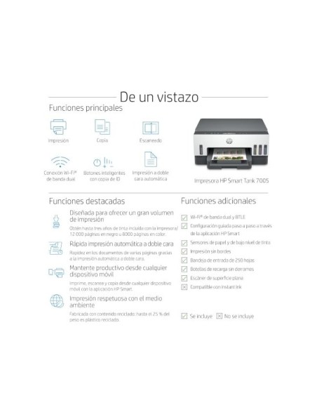 HP SMART TANK 7005 CARTUCHO A4 WIFI 20PPM NG.16PPM ESCANER COPIA FAX