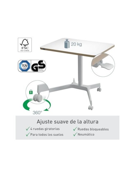 MESA LEITZ ERGO REG.EN ALTURA NEUMATICA TABLERO 80X60 CM 4 RUEDAS BL.