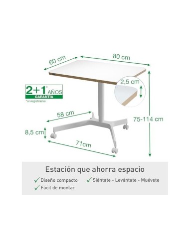MESA LEITZ ERGO REG.EN ALTURA NEUMATICA TABLERO 80X60 CM 4 RUEDAS BL.