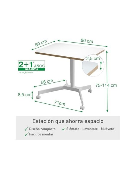 MESA LEITZ ERGO REG.EN ALTURA NEUMATICA TABLERO 80X60 CM 4 RUEDAS BL.
