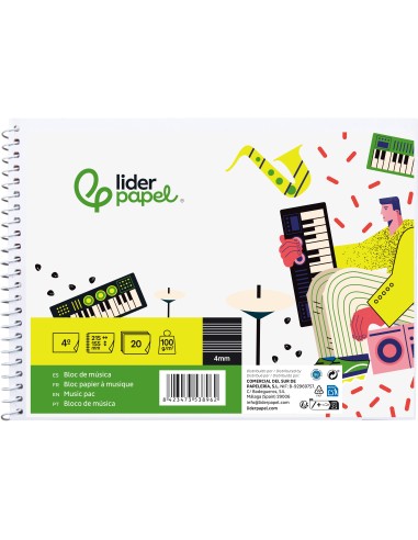 BLOC ESP. LIDERPAPEL MUSICA A5 PENTAGRAMA 4MM 20H 100GR. C/INTERLINEA