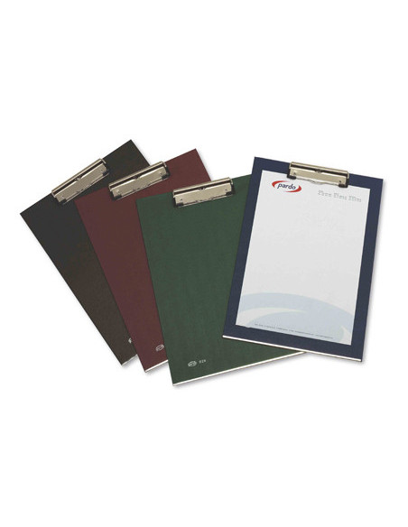 PORTANOTAS PARDO CARTON FORRADO PVC FOLIO CON PINZA METALICA AZUL
