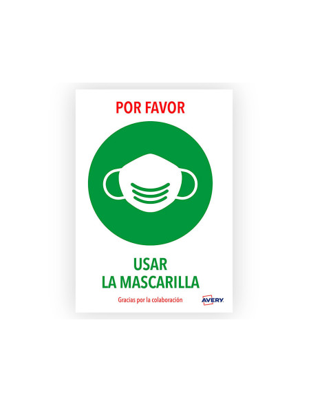 SEÑAL ADH. AVERY USAR MASCARILLA A4 RESISTENTE  RAYOS UV PK.DE 2 UD.
