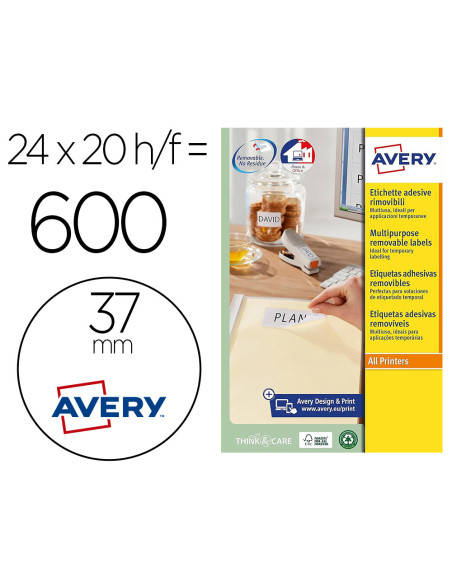 ETIQUETA ADH. AVERY BL.REDONDA REMOV.LASER TINTA 37MM