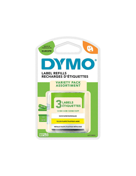 CINTA DYMO MET.LETRATAG 12X4MT PAPEL BL./ PLAST.AM./MET.PLATA PK.DE 3
