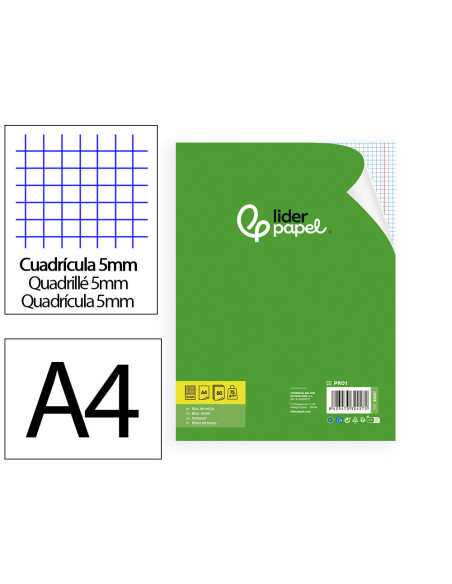 BLOC ENCOLADO LIDERPAPEL A4 5MM PERFORADO 80H. 60GR. S/TAPA