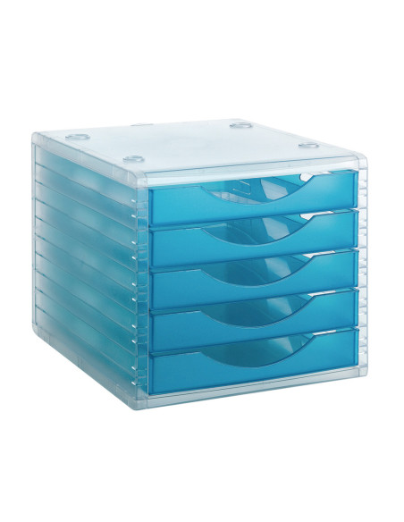 FICHERO CAJ. SOBREM.340X270X255 MM APILABLES 5 CAJ. AZUL MAR TRANSLUC