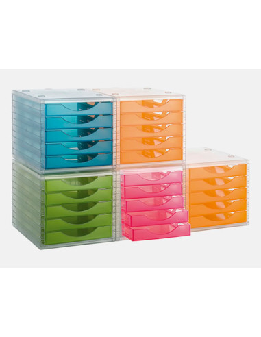 FICHERO CAJ. SOBREM.340X270X255 MM APILABLES 5 CAJ. AZUL MAR TRANSLUC
