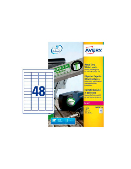 ETIQUETA ADH. RESIS AVERY POLIESTER BL.LASER 45,7X21,2MM CAJA 960 UD.