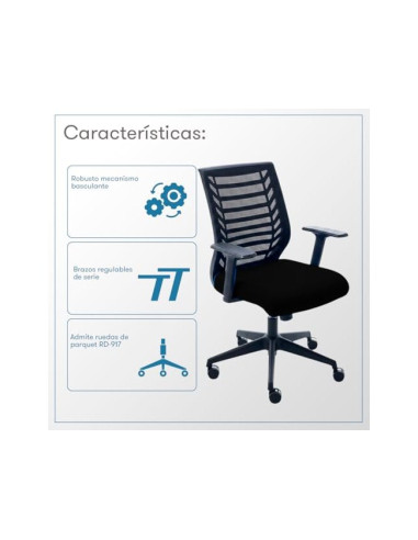 SILLA ROCADA GIRAT BRAZOS RESPALDO MALLA NEGRA/TAPIZADO NEGRA