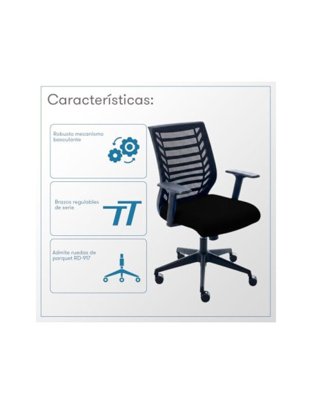 SILLA ROCADA GIRAT BRAZOS RESPALDO MALLA NEGRA/TAPIZADO NEGRA