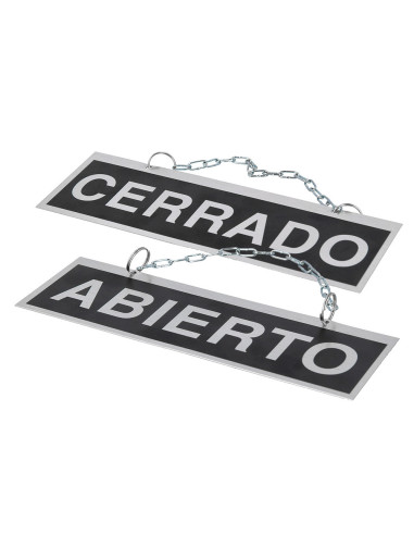 LETRERO METALICO ABIERTO Y CERRADO CADENA Y VENTOSA COLGAR 74X232MM