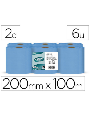 PAPEL SECAMANOS AMOOS 2 CAPAS 200MM.X 100 MT AZ. 6 ROLLOS J611001