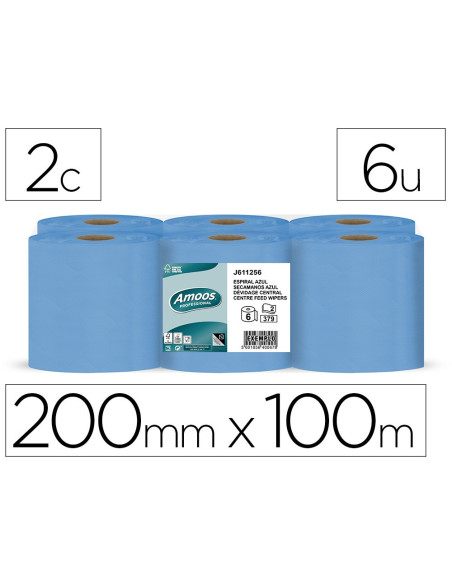 PAPEL SECAMANOS AMOOS 2 CAPAS 200MM.X 100 MT AZ. 6 ROLLOS J611001