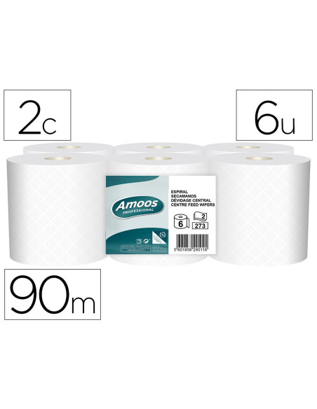 PAPEL SECAMANOS AMOOS INDUSTRIAL 2 CAPAS 32G/M2 BL.90MT.PAQ 6 ROLLOS