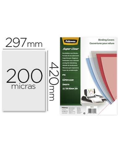 TAPA ENCUADERNACION FELLOWES A3 PVC TRANSP. CRISTAL 200MC PACK 100UD