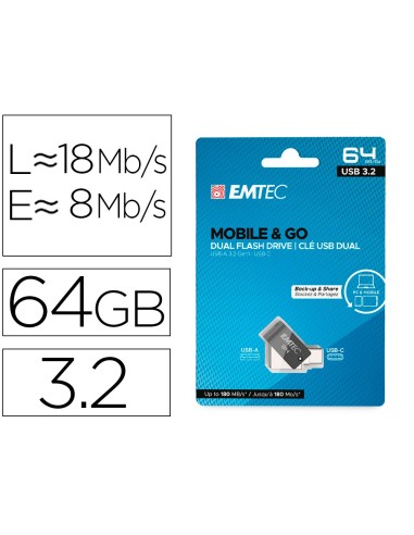 MEMORIA EMTEC USB 3.2 DUAL MOBILE & GO TYPE-C /USB 64GB