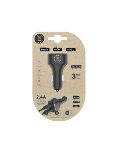 CARGADOR TECH ONE 2.4 COCHE MECHERO DOBLE IPHONE/USB MICRO/TYPE-C NG.