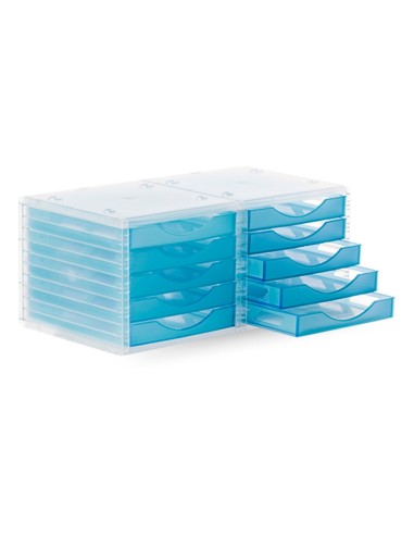 FICHERO CAJ. SOBREM.340X270X255 MM APILABLES 5 CAJ. AZUL MAR TRANSLUC